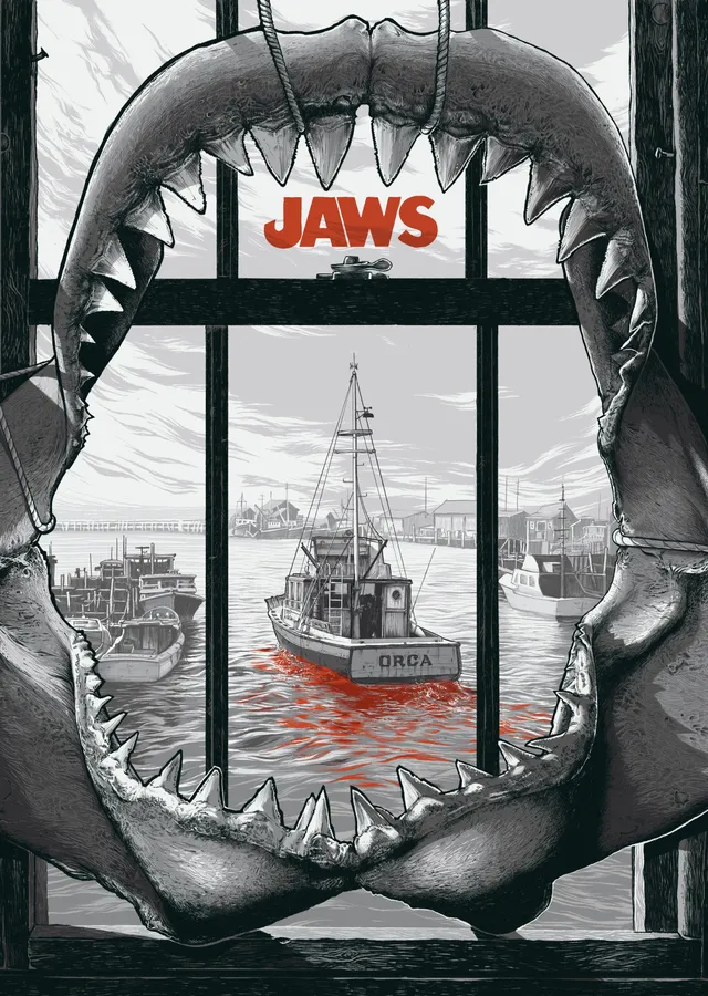 Jaws Film Posteri - Çatallı Dişler ve Kanlı Deniz metal tablo