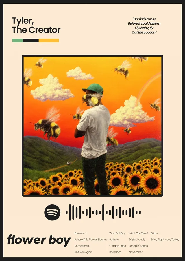 Tyler, The Creator - Flower Boy, Ayçiçekleri ve Arılar metal tablo