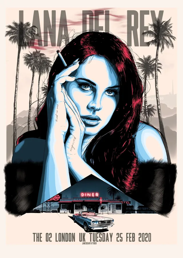 Lana Del Rey - Turuncu, Mavi, Kırmızı ve Siyah Palmiye metal tablo