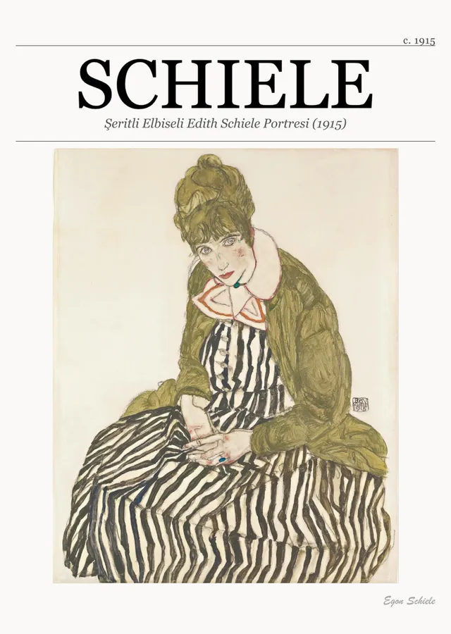 Yeşil Ceketli ve Şeritli Elbiseli Edith Schiele Portresi metal tablo