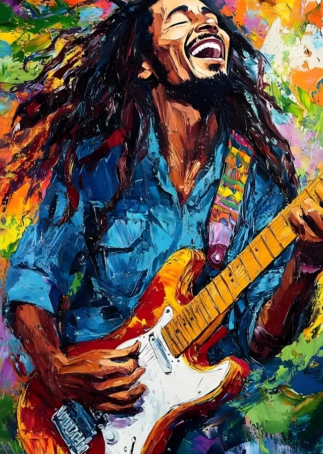 Bob Marley: Gitar Çalarken metal tablo