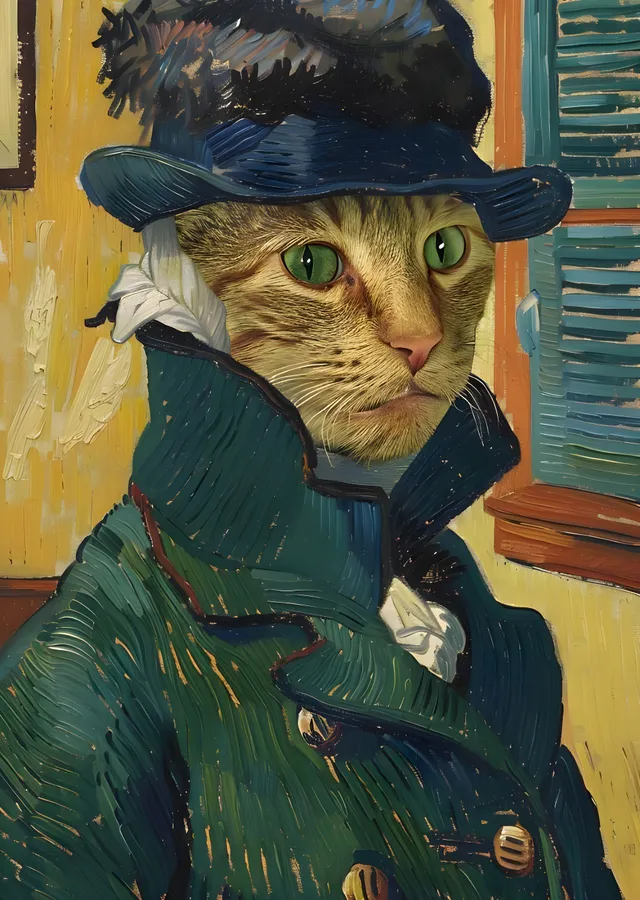 Şapkalı Kedi Portresi (Van Gogh Tarzı) metal tablo