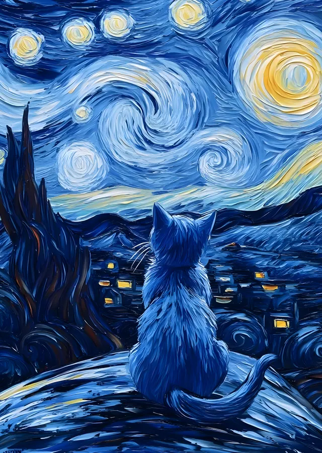 Yıldızlı Gecede Mavi Kedi (Van Gogh Tarzı) metal tablo