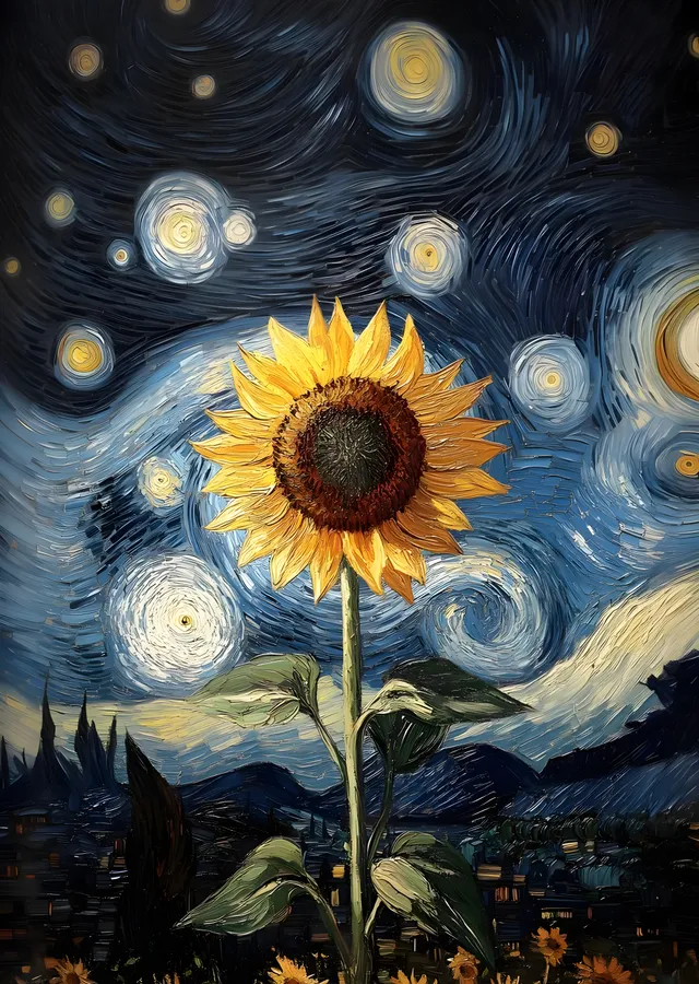 Ayçiçeği ve Yıldızlar: Van Gogh Esintisi metal tablo