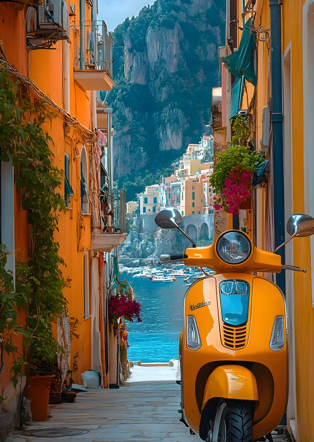 Amalfi Sahili: Sarı Vespa metal tablo
