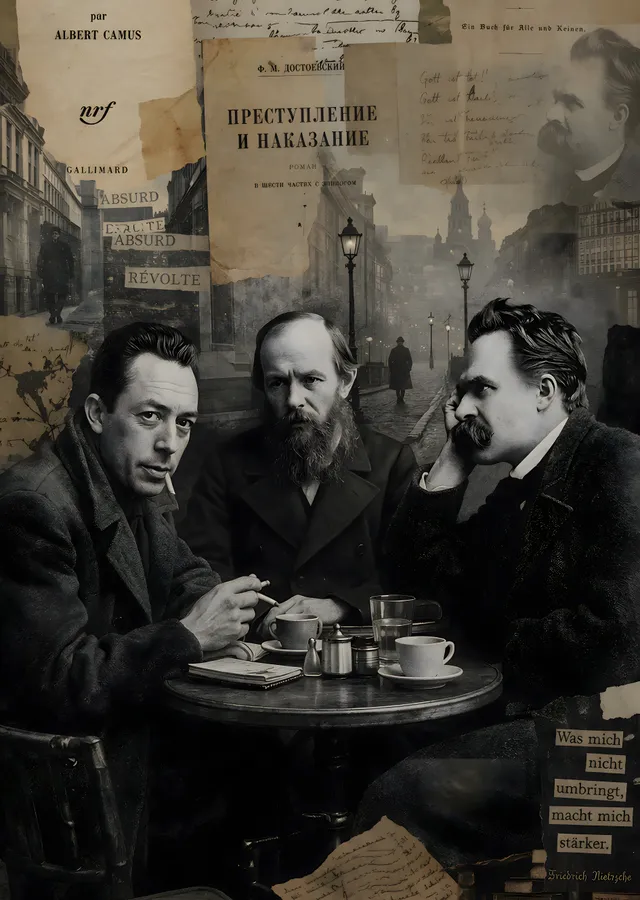 Dostoyevski, Camus ve Nietzsche: Kahve Sohbeti metal tablo