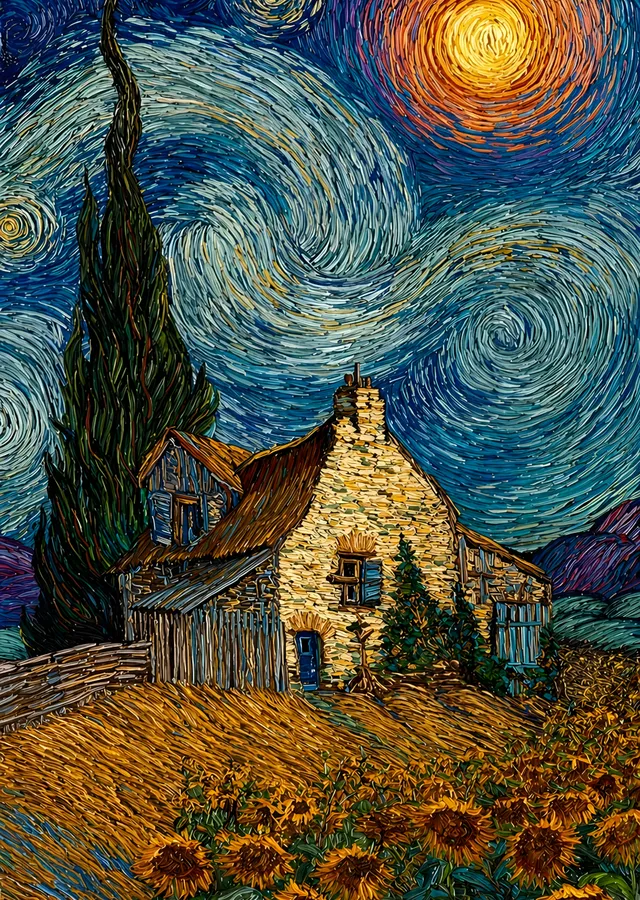 Van Gogh Stili: Ayçiçekli Çiftlik metal tablo