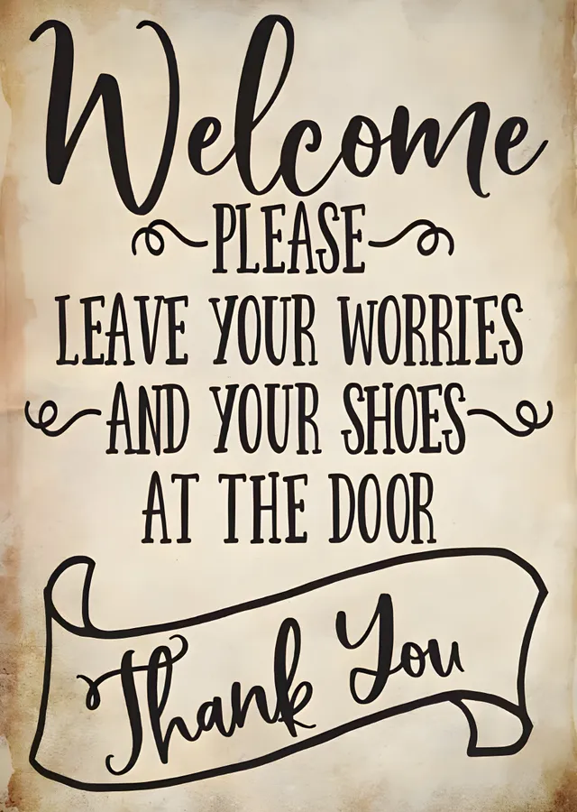 Welcome Please Leave Your Worries And Your Shoes At The Door metal tablo
