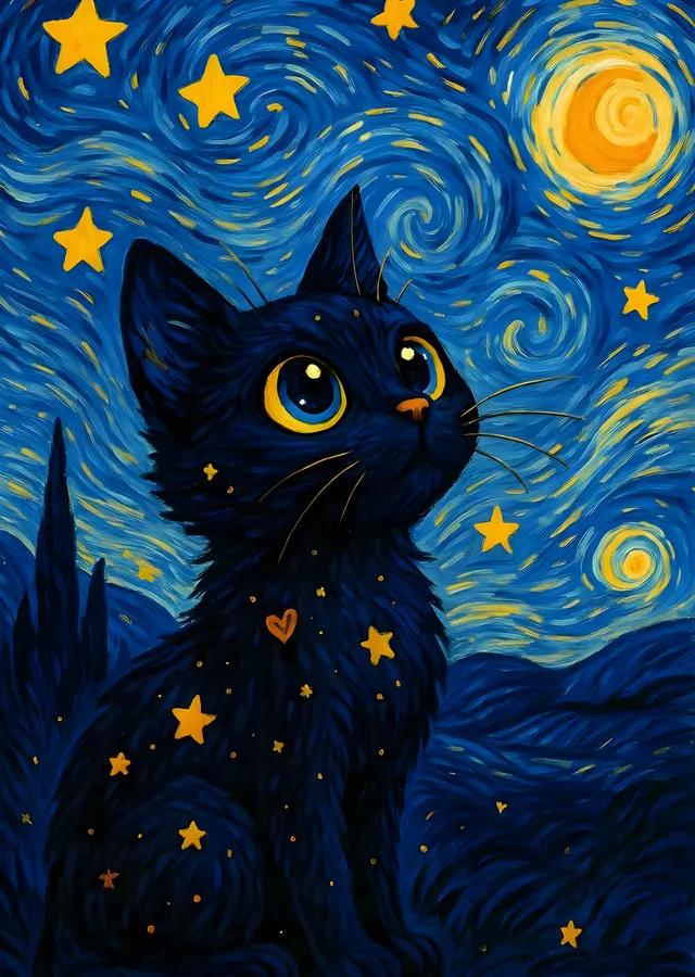 Yıldızlı Gecede Kara Kedi metal tablo