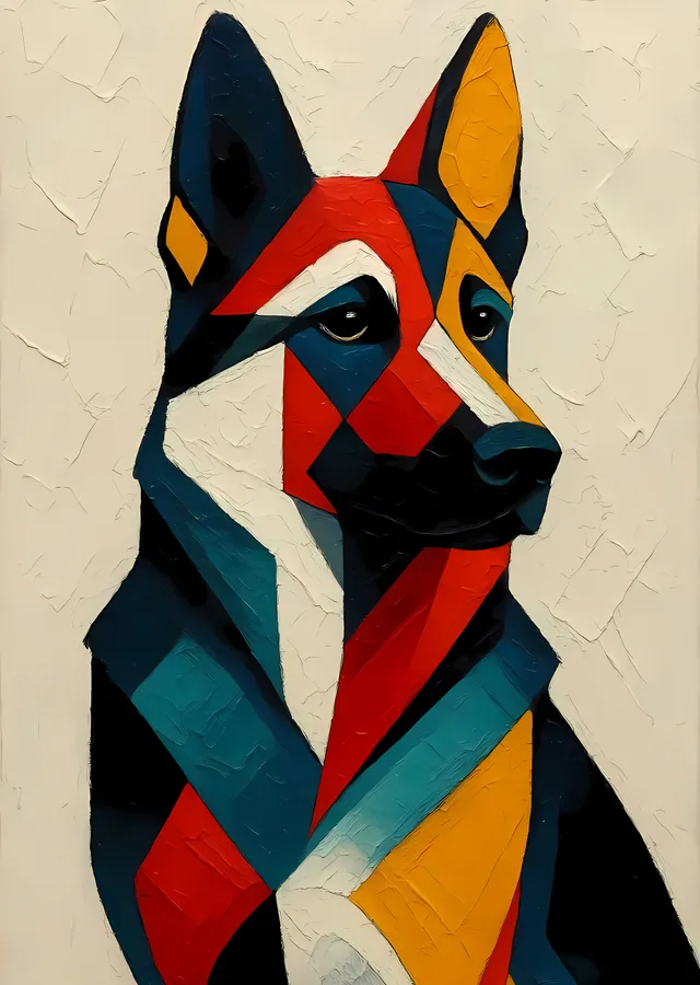 Siyah, Kırmızı, Sarı ve Mavi Geometrik Köpek Portresi metal tablo
