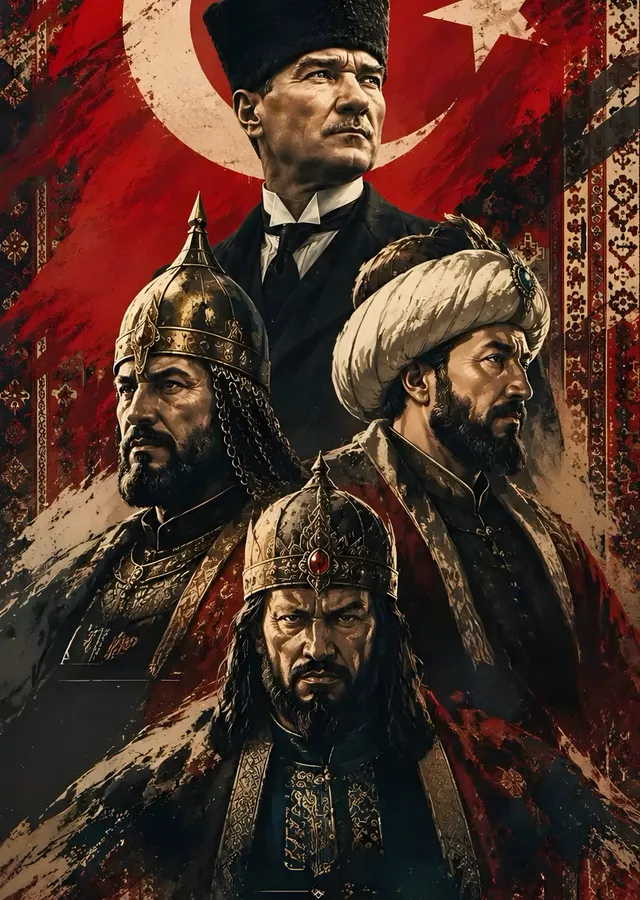 Atatürk ve Türk Büyükleri: Üçlü Portre metal tablo