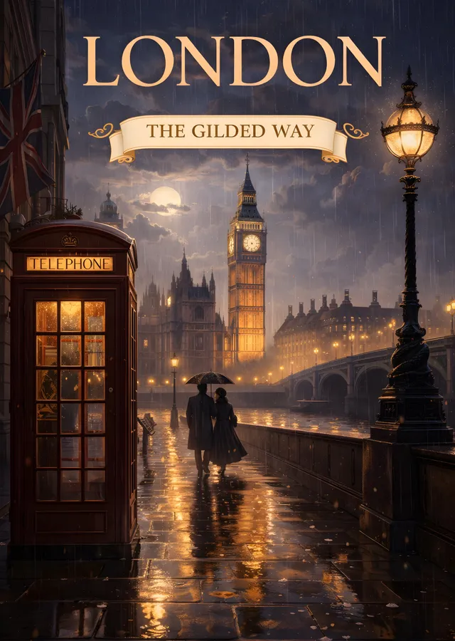 Londra: Gilded Way'de Yağmurlu Bir Gece metal tablo