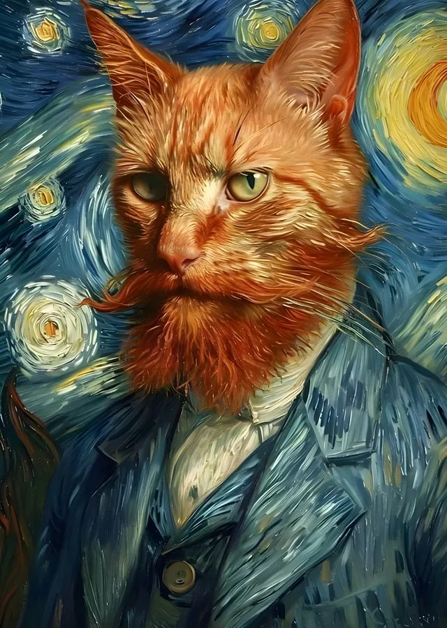 Bıyıklı Kedi (Van Gogh Tarzı) metal tablo