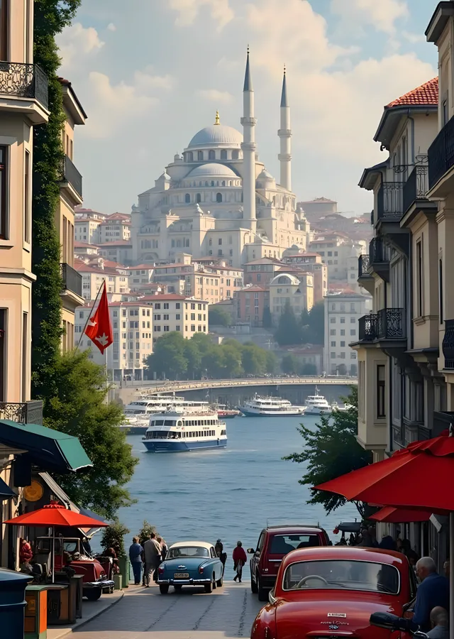 İstanbul Boğazı Manzarası - Beyaz Cami ve Kıyıda Araçlar metal tablo