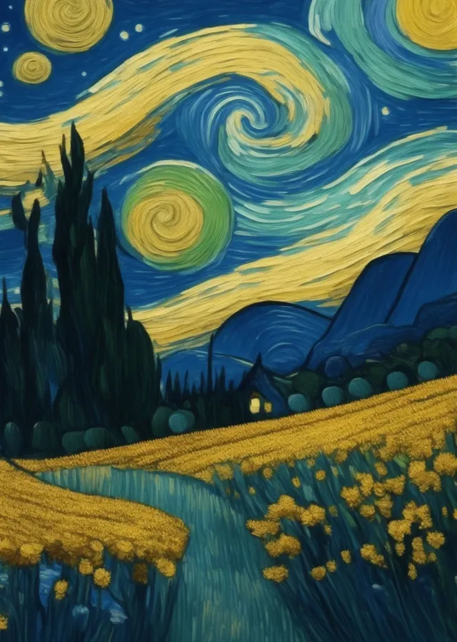 Van Gogh'un Yıldızlı Gece Sahnesi - Mavi, Sarı ve Yeşil metal tablo
