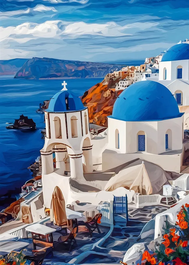 Mavi Kubbeli Beyaz Binalar Santorini metal tablo
