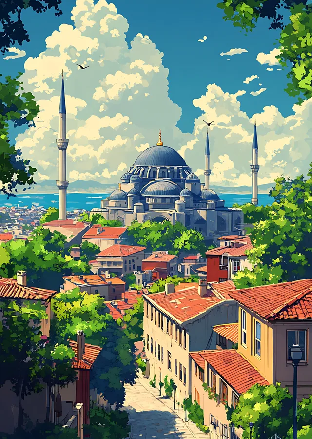 İstanbul Manzarası: Osmanlı Mimarisi - Lacivert ve Turuncu metal tablo