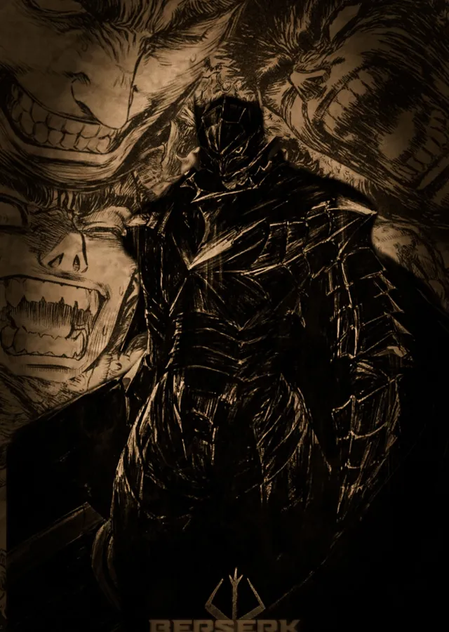 Berserk: Guts - Siyah Zırhlı Figür ve İki Yüzlü Tasvir metal tablo