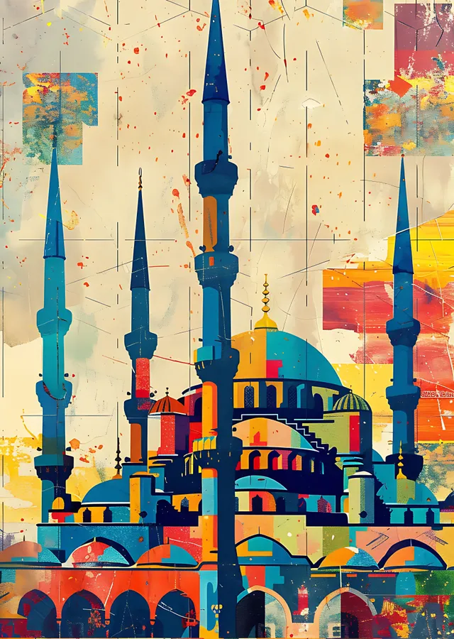 Lacivert Minareli Çokrenkli Sultanahmet Camii metal tablo