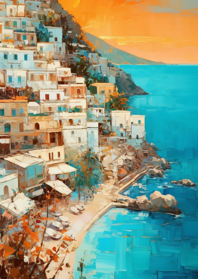 Turuncu Gökyüzü ve Lacivert Deniz Santorini metal tablo
