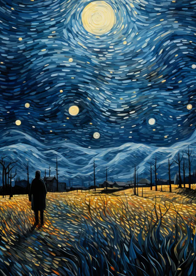 Van Gogh Yıldızlı Gece - Lacivert ve Sarı Yıldızlı Gece metal tablo