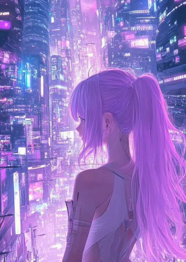 Pembe Saçlı Kız - Cyberpunk Şehir Manzarası metal tablo