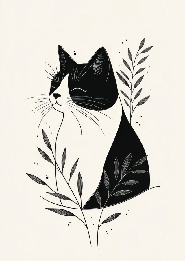 Minimalist Siyah Beyaz Kedi İllüstrasyonu metal tablo