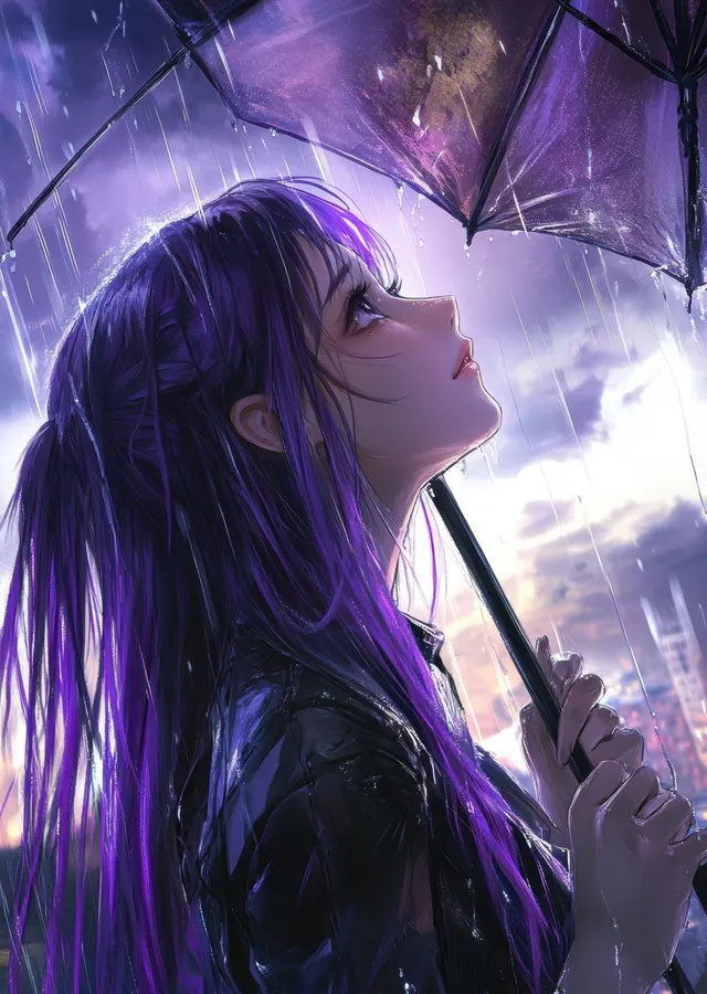 Anime Kız: Yağmur Altında metal tablo