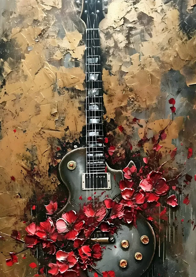 Gitar ve Çiçekler: Müzikal Sanat metal tablo