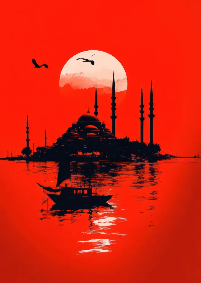 İstanbul Silueti: Kırmızı Göz Alıcı Manzara metal tablo