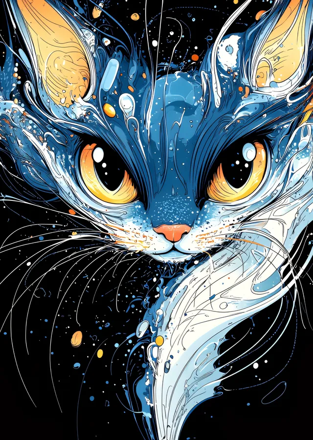 Mavi Kedi: Turuncu Gözler ve Akışkan Dalgalar metal tablo