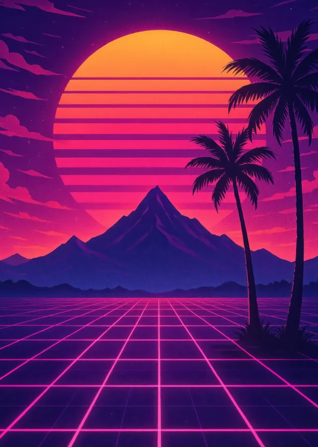 Retro Manzara: Neon Güneş ve Dağlar metal tablo