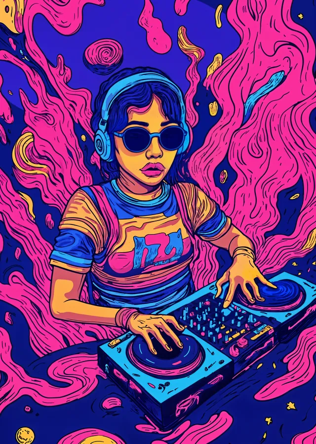 Mavi ve Pembeli DJ Kız Portresi metal tablo