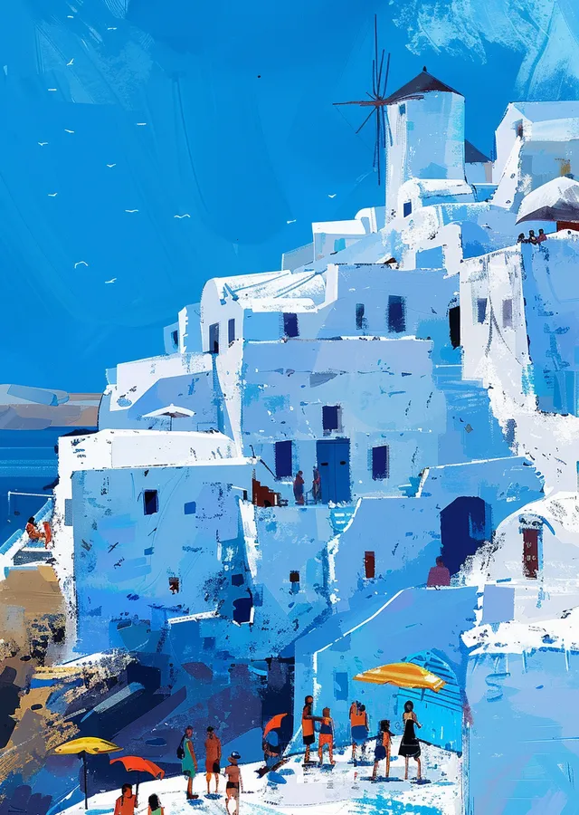 Mavi ve Beyaz Renkli Binalarla Santorini Yunanistan metal tablo