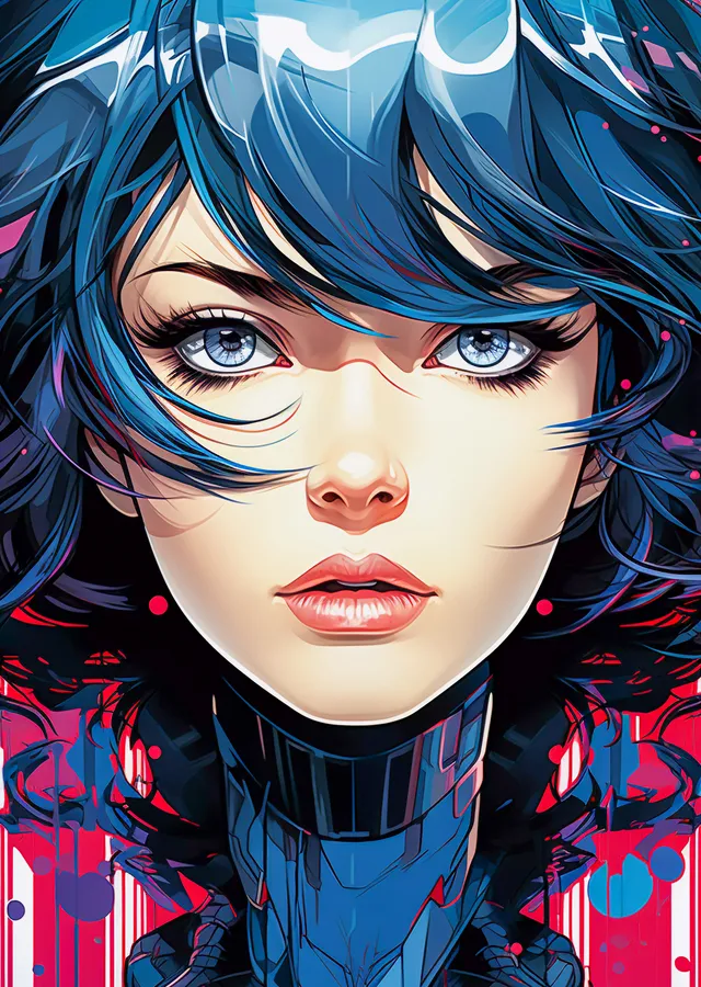 Mavi Saçlı Kız - Cyberpunk Stil Metal Poster metal tablo