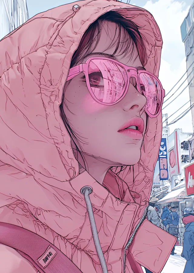 Pembe Güneşlikli Anime Kız metal tablo