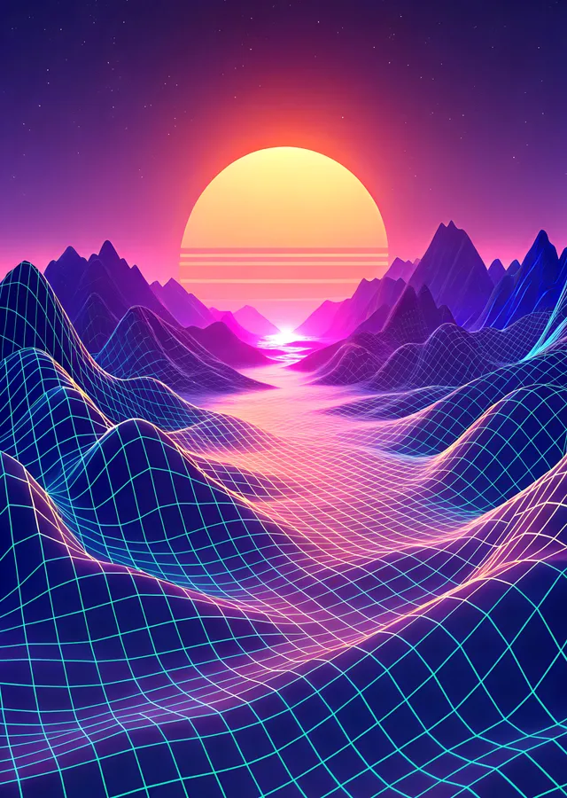 Retro Gelecek: Neon Dağlar ve Güneş metal tablo