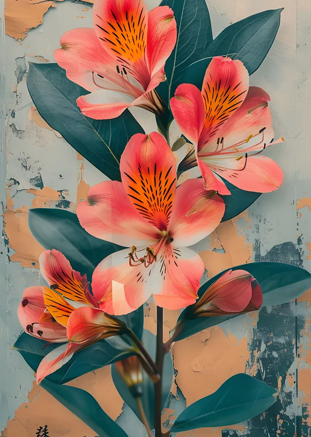 Pembe Alstroemeria Çiçekleri ve Lacivert Yapraklar metal tablo