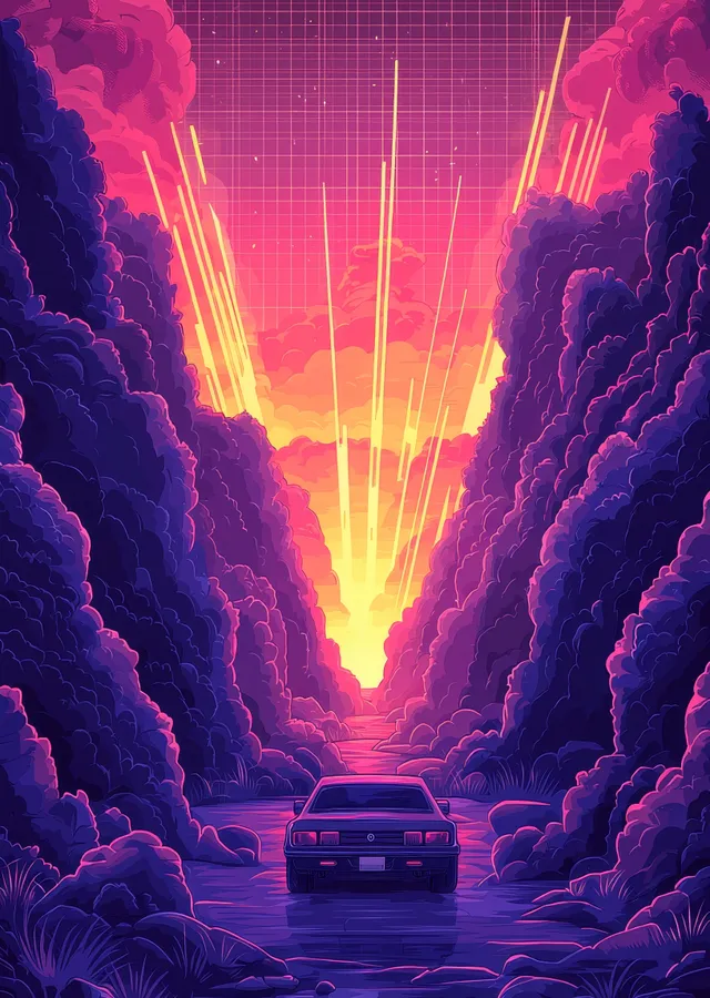 Retro Manzara: Geleceğe Açılan Yol metal tablo