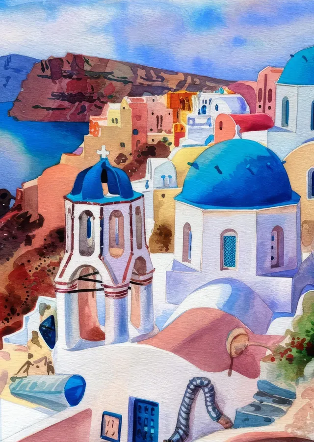 Beyaz Binalı ve Mavi Kubbeli Santorini Manzarası metal tablo