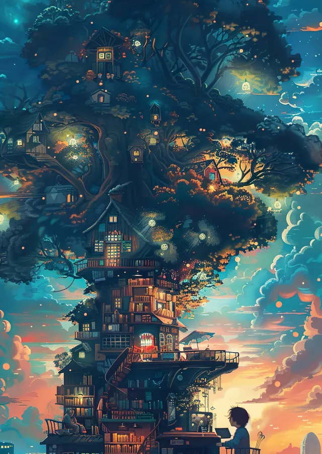 Gece Gökyüzünde Ağaç Ev - Treehouse in The Sky at Night metal tablo