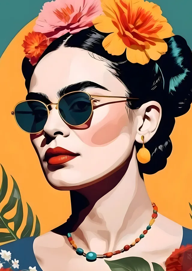 Frida Kahlo: Gözlüklü Çiçekli Portre metal tablo